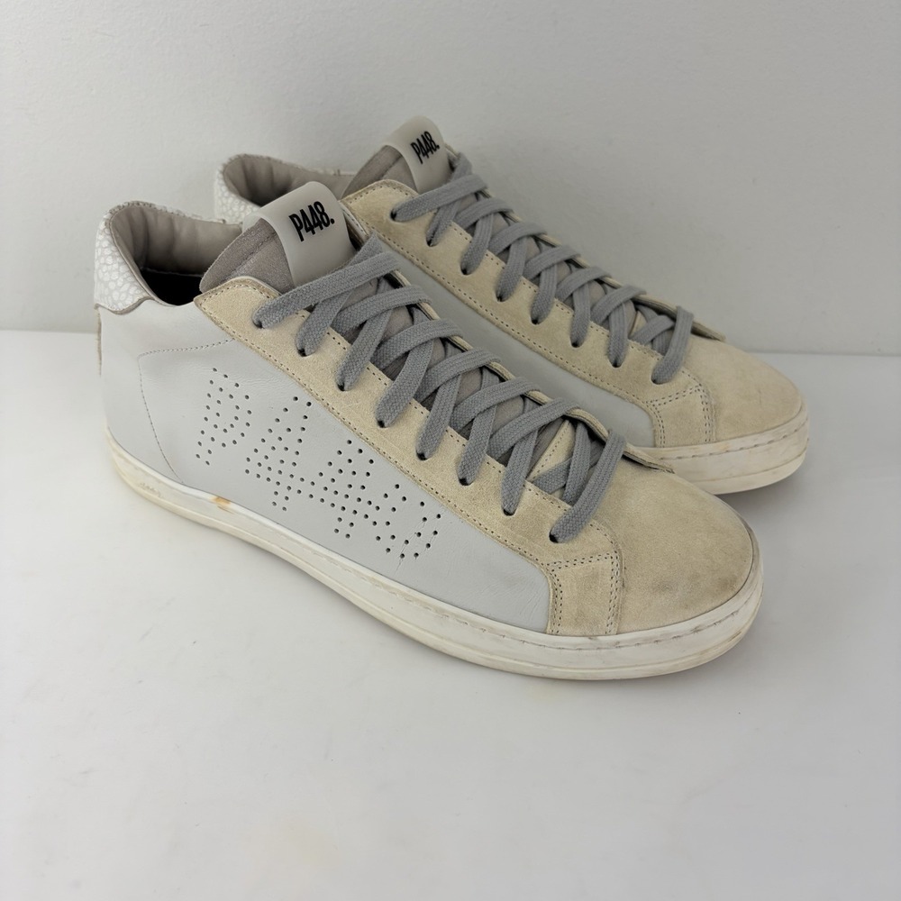 P448 Skate High Top Womens 39 8.5 White Beige Leather Suede Side Zip Sneakers